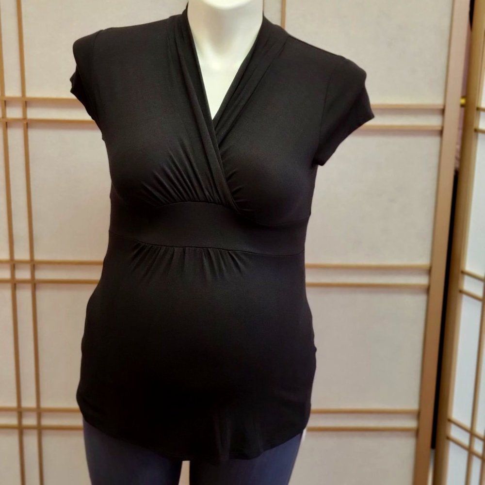Hello MIZ Black Wrap-Style Cap Sleeve Maternity Top